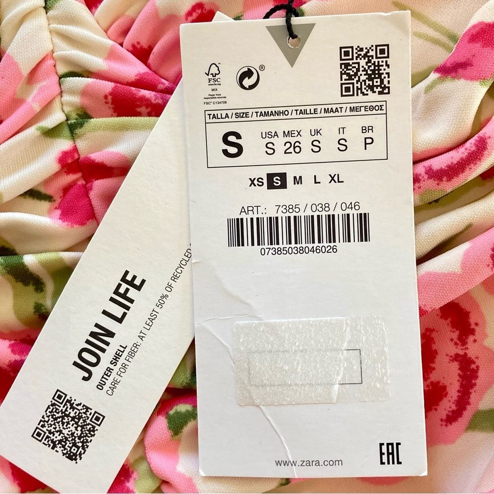 NEW ZARA Draped Ruched Floral Rose Strapless Bodysuit Pink Green White Size S - Picture 16 of 16